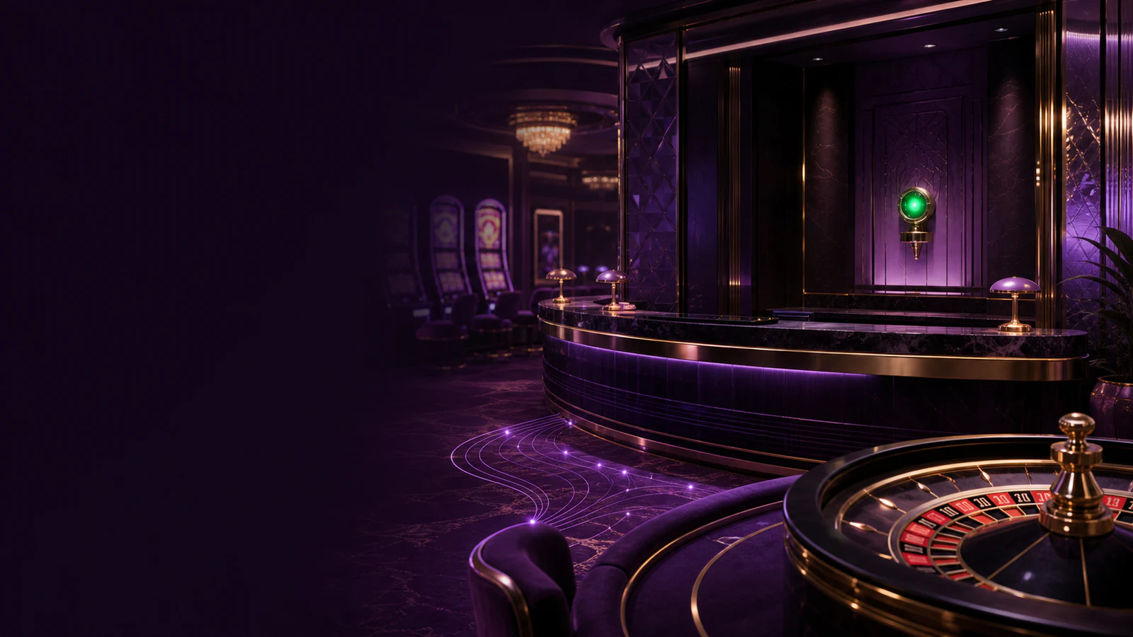 Violet casino cashier interior with roulette and slot lights